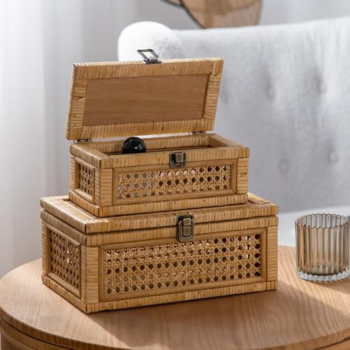 HuiDao Rattan Dekorative Box, Boho Schaukästen mit Deckel, 2er Set Rechteckiger Weidenkorb Aufbewahrungskorb, Natur Gewebte Rohrbehälter für Wohnkultur (Rechteckig)