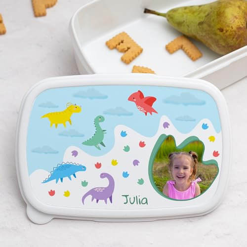 Transparent Gift Fiambrera Infantil Personalizada con Nombre y Foto Dinosaurios. Fiambreras para Niños y Niñas. Porta Bocadillos para Colegio y Guardería. Caja Almuerzo y Merienda Vuelta al Cole