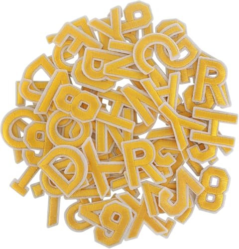 TXSN 72pcs Iron on Letters and Numbers Patches, Embroidered Letters and Numbers Applique Patches for Clothing, Hat, Jacket, Jeans, Backpacks, Bags and More, Yellow