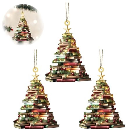 3PC Christmas Tree Shape Bookshelf Pendant, Christmas Books Ornament, Books Stacked Ornament,Christmas Tree Ornaments,Library Ornament,for Indoor and Outdoor Decoration Party Supplies Books