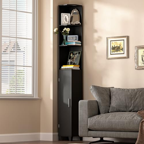 MOHOPE Eckregal mit Schrank, 75 Zoll hohe Eckvitrine mit Tür, 5-stöckiges schmales Bücherregal mit verstellbaren Regalböden für Wohnzimmer, Badezimmer, Esszimmer, kleiner Raum, Schwarz