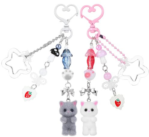 AOZUO Lot de 2 Breloques de Sac Chat Mignon, Porte-clés Chat Kawaii Y2K Mignon Chaton Moelleux Breloque de Sac, Sac, Appareil Photo, Pendentif de Téléphone Portable, Cadeau pour Femmes Filles
