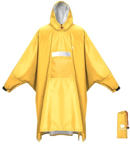 ANYOO Wasserdichter Regenponcho Winddichter Regenmantel mit Seitlichem Reißverschluss, Leichter Regenjacke mit Verstellbaren Ärmeln für Outdoor Wandern Radfahren, Einheitsgröße, Gelb