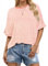 WNEEDU Tee Shirt Femme Manches Courtes T-Shirt Oversize Col Rond Hauts Femmes Eté Tshirt Basique Ample Top Chemisier à Manches Retroussées Rayure Blanche Rose XXL