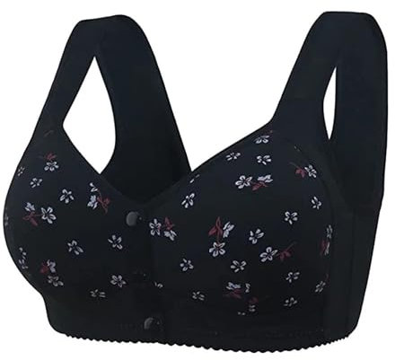 PrinStory Bras for Women Front Fastening Bras for Women Wireless Snap Closing Ladies Bras Comfort Women's Bras for The Elderly (Black Daisy, 44D)