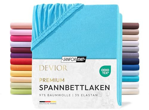 Devior Premium Spannbettlaken 180x200cm - 200x220cm für Boxspringbetten bis 32cm, 97% Baumwolle & 3% Elastan, Türkis – 190 g/m² Anti-Statisches, atmungsaktives Bettlaken mit Einlaufschutz