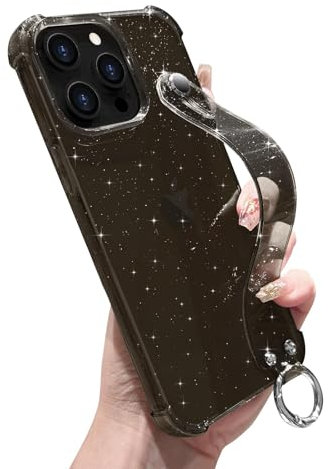 LLZ.COQUE for iPhone 15 Pro Glitter Case, Adjustable Hand Strap Stand Clear Cover for Girls Women, Transparent Four Corners Drop Protection Shockproof Phone Case for iPhone 15 Pro, Black