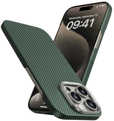 BENKS ArmorTint Hülle für iPhone 15 Pro Max Kompatibel mit Magsafe, Ultradünne Handyhülle aus Dupont Kevlar 1000D Aramidfaser, Leichte Magnetische Schutzhülle mit Kameraschutz, Aurora Grün