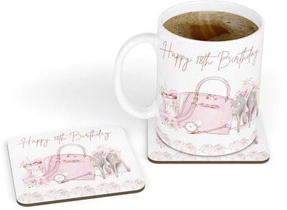 Personalised Pink Shoes & Handbag Design Birthday White Ceramic Tea|Coffee Mug & Coaster Gift Set for Her Girls 18th 21st 30th 40th 50th 60th 65th 70th 80th Daughter Mum Nan