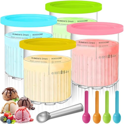 POWZOO 4 Pezzi Contenitori per Gelato Di Ricambio, 800 ML Contenitore Creami,per Ninja Creami Deluxe Serie NC501 NC500, con Coperchi,Cucchiaio di alluminio e 4 Cucchiai,Senza BPA.