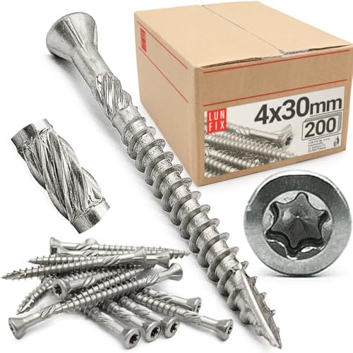 Lun Fix vis terrasse inox 4.0x30mm torx | 200 pcs | vis à bois partielle | vis inox A2 fraise dur sans tête | vis autoforeuse inox | sans tête | visserie extérieure bois