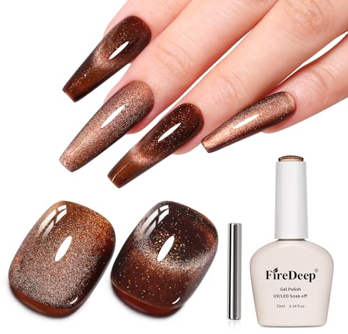 Firedeep 10ml Hema Free Dark Brown Cat Eye Gel Nail Polish Soak Off Long Lasting Holographic UV/LED Gel Polish with Magnetic Stick Gift for Women 1Pcs