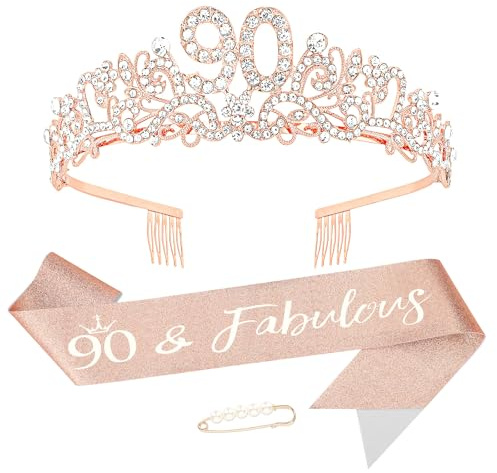 KIUEZIR 90. Geburtstagskrone & Schärpe Set in Roségold - Haltbare Legierung & Strass Blumen Tiara Diadem mit Anti-Rutsch Kämmen, Glitzer Schärpe & Perlen-Stecknadel für Deko 90 Geburtstag