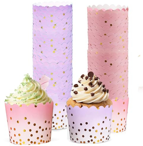 Cupcake Förmchen, 100 StüCke Cupcke Wrapper,7×6×5.5cm MuffinföRmchen Papier | Papier MuffinföRmchen Muffin Papierförmchen KuchenköRbchen für Muffins Dessert(Rosa, Violett)