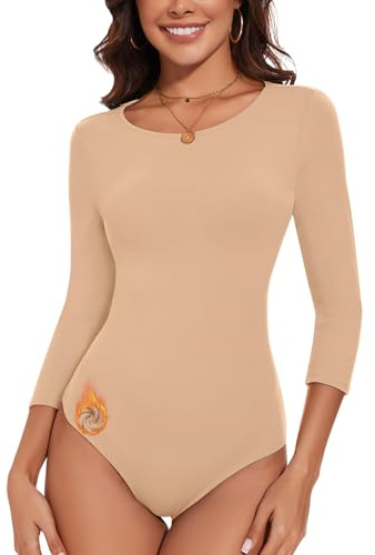 WOWENY Thermo Body Damen 3/4 Arm Micro Fleece Oberteil Thermal Bodysuit Rundhals Basic Halbarm Tshirts Bodys Warm Bequem(Beige, XL)