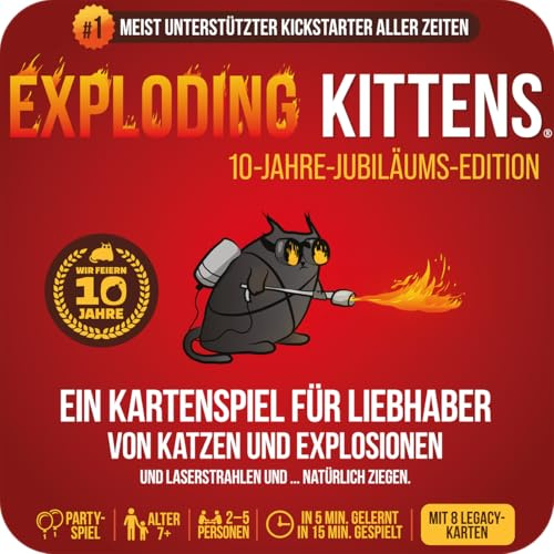Exploding Kittens: 10-Jahre-Jubiläums-Edition (Tin), Partyspiel, Deutsch | Humorvolles Partyspiel für Liebhaber von Katzen und Explosionen, Kartenspiel für 2-5 Spieler, 15 Minuten, ab 7 Jahren