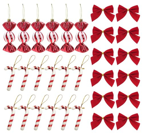 Christbaumschmuck Weihnachtsbaumschmuck Zuckerstangen, 30 Stück Weihnachtsdeko Set mit Roten Zuckerstangen und Schleifen, Festliche Deko für Weihnachtsbaum und Zuhause