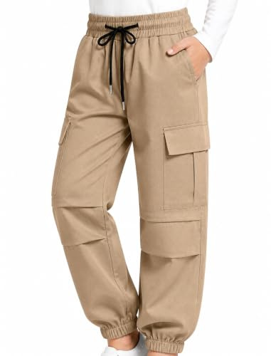JiAmy Girls Cargo Trousers Drawstring Elastic Waist Casual Baggy with Multi Pockets Dance Y2k Pants for 9-10 Years, Kahki