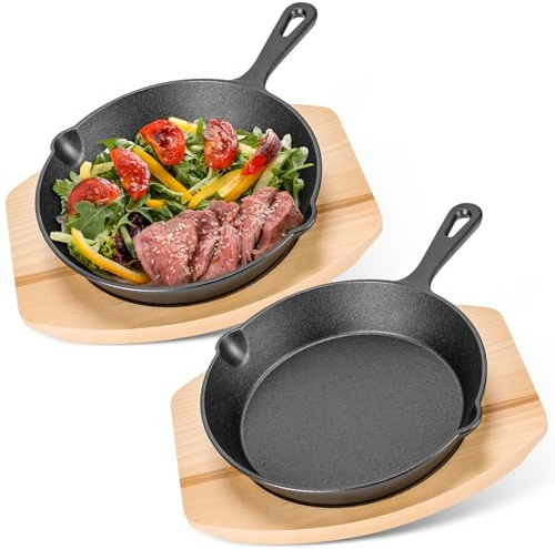 Lallisa 2 Sets Cast Iron Fajitas Skillet Set 7.87 Inch Sizzling Plate with Wooden Base Cast Iron Plate Pan for Home Kitchen Barbecue Party Chef Restaurant Catering Service