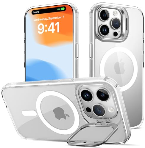 nicekool Cover per iPhone 14 Pro Max Compatible avec MagSafe con Cavalletto, Magnetica Custodia con Supporto FotocameraRegolabile Integrato Trasparente Posteriore Sottile Antiurto Case, Trasparente