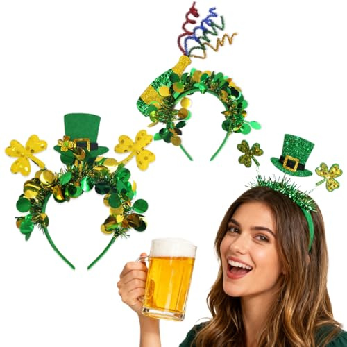 OPVYAEU Lot de 2 serre-têtes verts femme, accessoires Saint-Patrick avec fleurs et plumes bandeau lumineux fête irlandaise, serre-tête déguisement carnaval headband décoratif pour soirées & festivals