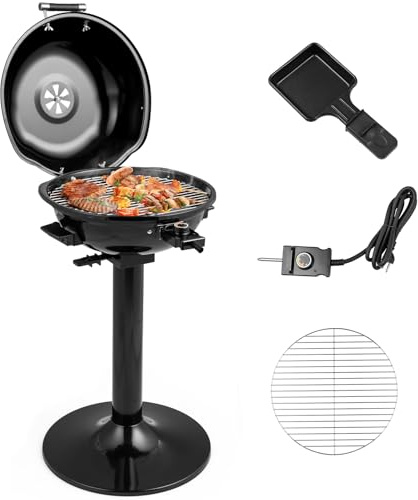 GYMAX Gril Barbecue Électrique sur Pied, Température 93-218°C, Puissance 1600W, Usage Intérieur et Extérieur, Portable avec Support pour Terrasse Balcon Cuisine Jardin
