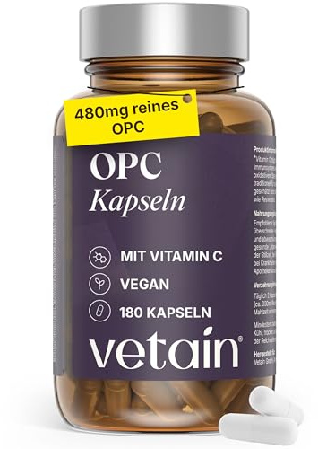 VETAIN OPC Traubenkernextrakt - 800mg Extrakt mit Resveratrol & Vitamin C | 60% echte OPC-Gehalt - aus französischen Trauben - 180 Kapseln - hochdosiert & vegan - produziert in Deutschland
