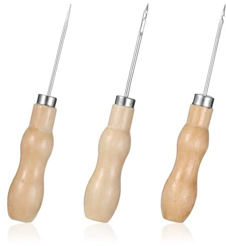 Alrhso 3 Stück Leder Ahle Prickelnadel Ahle, Hohl, Haken Ledernadel mit Holzgriff Leder Nähen Werkzeug für Nähen, Stanzen, Bohren, Lederreparaturen, DIY-Projekte (3 Stile)
