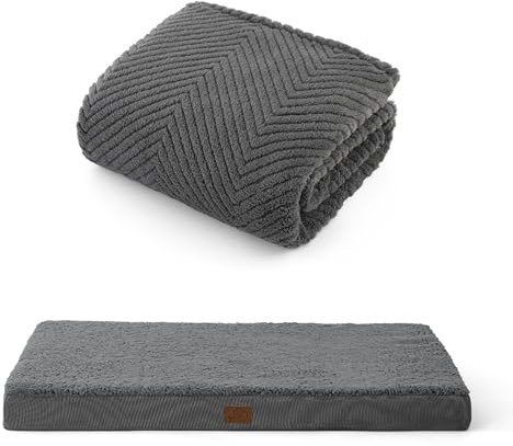 BEDSURE große Hundedecke und orthopädisches Hundebett Bundle, 120x100cm weiche Fleecedecke & 91x69x7.6cm Hundematte waschbar, für große Hunde Katzen, dunkelgrau