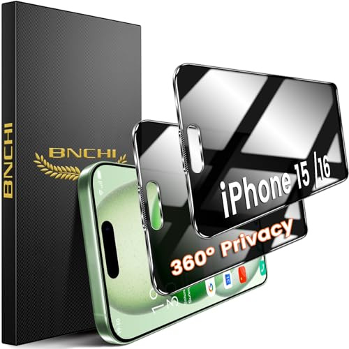 BNCHI 2 Stück 360° Privacy Schutzfolie für iPhone 15/iPhone 16 für Panzerglas Sichtschutz, 4 Way Blickschutz Panzer Folie Glas, 9H Full Screen Displayschutz Folie, Anti Fingerabdruck, Bläschenfrei