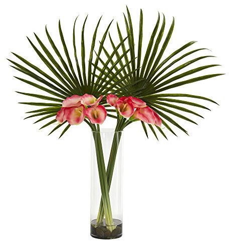 Nearly Natural Fächerpalme und Calla-Lilien-Arrangement Kunstpflanze rosa