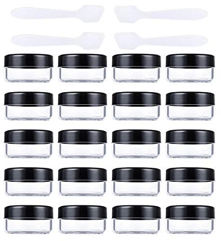 20 Stück Döschen - 10g/10ml (Leer) Transparent Klein Kunststoff Cremedose - für Kosmetikdose, Lippenbalsam Döschen, Nailart Döschen - Mit Schwarz Schraubdeckel und 4 Stück Mini Spatel