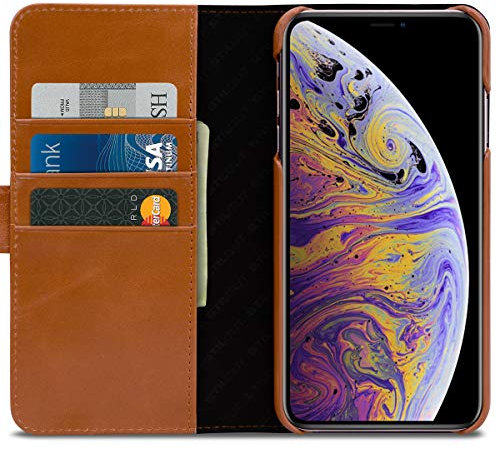 STILGUT Brieftasche-Hülle kompatibel mit iPhone XS Max aus Leder mit Kreditkarten-Fächern, Cognac