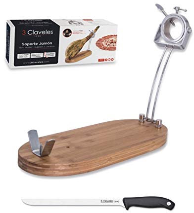 Hidalgo 3 Claveles - Soporte Jamonero Plegable, Giratorio 2 Posiciones, Madera y Acero Inoxidable + Cuchillo Jamonero 3 Claveles