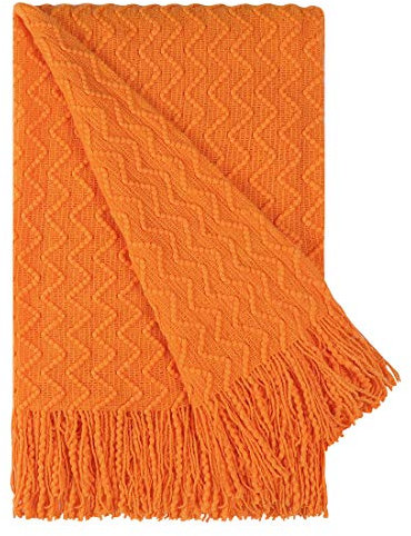PiccoCasa Tagesdecke Fransen Kuscheldecke mit Wellenmuster aus Acryl als Bettüberwurf Wohndecke für Couch, Bett, Sofa, Reise usw. 130x150cm Orange