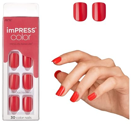 KISS imPRESS Color Press-On Manicure, Gel Nail Kit, PureFit Technology, Short Length, “Corally Crazy”, Polish-Free Solid Color Mani, Includes Prep Pad, Mini File, Cuticle Stick, and 30 Fake Nails