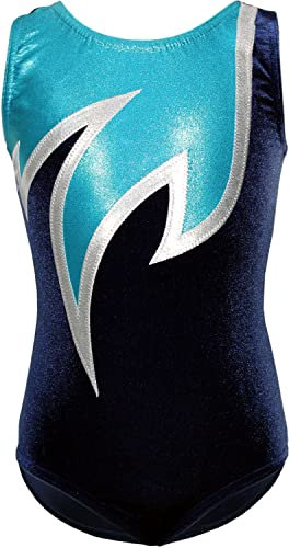 GymStern Gymnastikanzug Turnanzug Modell Java Spezial Samt & Glitzerlycra Kurzarm Turnbody, Größe:170-176, Farbe:Blau/Weiß/Türkis