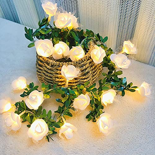 Riaxuebiy Spitzen-Rosen-Blumengirlande Rosen Rankenkranz Fee Lichterketten Batteriebetrieben für Hochzeit Zuhause Geburtstag Terrasse Weihnachts Dekoration(Weiß, 2m20led)
