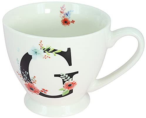 G Decor White Floral, 350ml, Alphabet A-Z Ceramic Tea Coffee XL Cup Mug, Novelty Drinkware for Morning or Evening Drink (G)