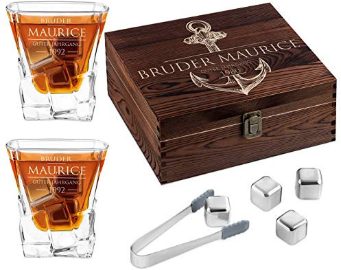 Maverton Whisky Steine Set - in Holzbox mit Gravur - 8 Eiswürfel & 2 Whisky Gläser, Zange, Samtbeutel - wiederverwendbar - personalisierte Geschenke - Geschenke für Männer - Guten Jahrgang