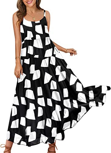 YESNO Women Casual Loose Bohemian Floral Print Dresses Spaghetti Strap Long Summer Beach Swing Maxi Dress/Pockets M E75UK CR162