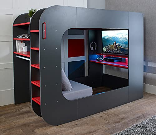happybeds Gaming High Sleeper Bed, PodBed Grey & Red Gaming High Sleeper with Grey Sofa EU Small Double (EU Small Double - Frame Only)