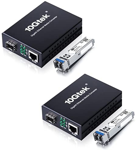 A Pair of Gigabit Single Mode LC Fiber Media Converter, with 2 Pcs SFP LX Modules, 1.25G/s Fiber to Ethernet Converter, 1000Base-LX to 10/100/1000base-TX, SFP to RJ45, SMF, 1310nm, up to 20km