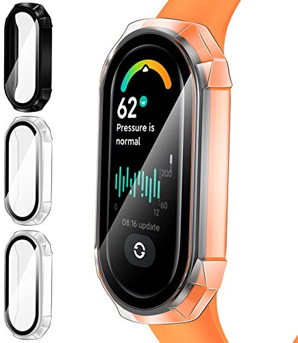 ivoler 3 Piezas Funda para Xiaomi Mi Band 7 / Xiaomi Mi Band 7 NFC, Protección Completa Protector de Pantalla de Cristal Vidrio Templado Duro PC Anti-arañazos Carcasa, 2 Transparente + 1 Negro