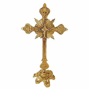Stehtisch Altarkruzifix, Jesus Christus Messing Segen Kreuz, handgefertigt, griechisch-orthodox, byzantinisch, vergoldet, Heiliges Kreuz, religiöses Geschenk