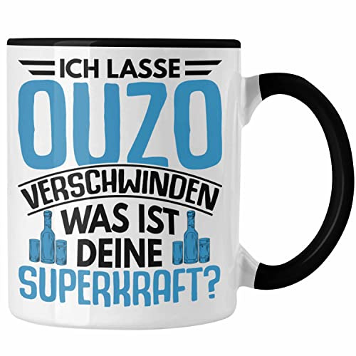 Trendation - Ouzo Schnaps Tasse Geschenk Greiche Griechenland Geschenkidee Lustiger Spruch (Schwarz)