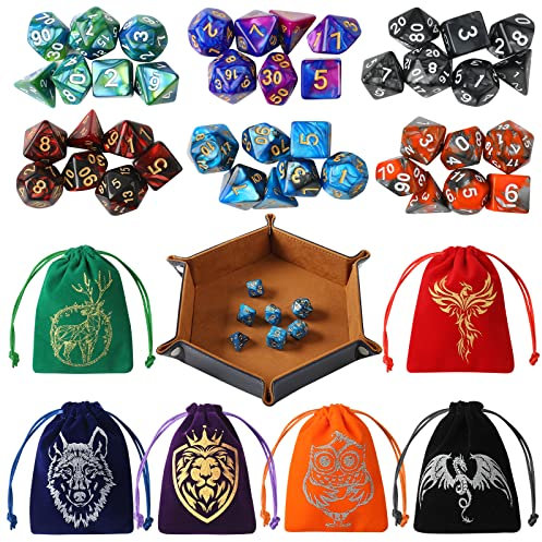 Grajar DND Würfel-Set, 42-teiliges polyedrisches Würfel-Set mit 6 bunten Tiermuster-Würfeltaschen und PU-Leder und Samt-Würfeltablett für Dungeons und Drachen D&D RPG MTG Tischspiele