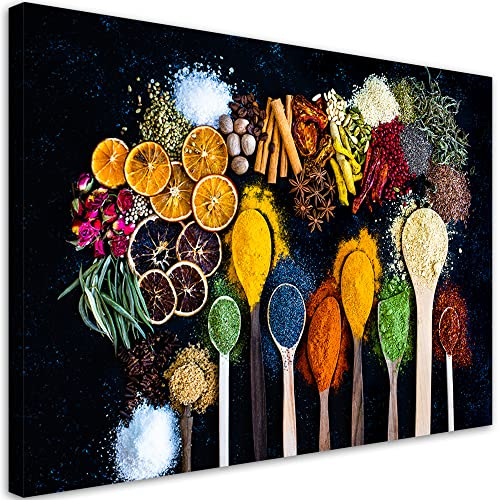 Feeby Wandbilder XXL Gewürze Kräuter Küche 120x80 cm Leinwandbild 1-teilig Kunst Bilder Schlafzimmer Deko Wohnzimmer Flur Pfeffer Essen Chili Löffel bunt