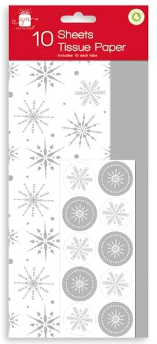10 Sheets of Christmas Tissue Paper Traditional Present Wrapping Paper Gift Wrap with Seal Tabs (Silver Snowflakes)
