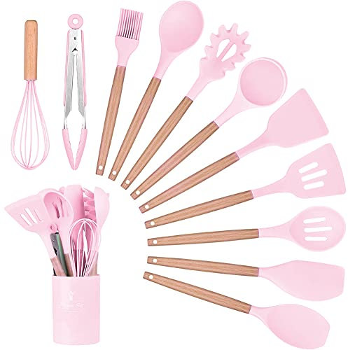 DAZZLEEX Lot de 12 ustensiles de cuisine en silicone anti-adhésif Rose
